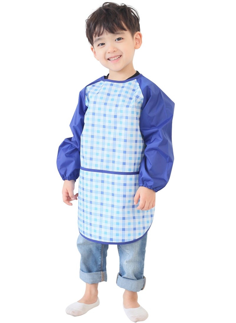 Plie Kids Painting Apron â€“ Waterproof Long Sleeve Art Smock for Toddlers & Preschoolers, Messy Play, Baking, Crafts, Cooking, Sensory Activities (Ages 1â€“10), Blue Check (16-M) - Image 1